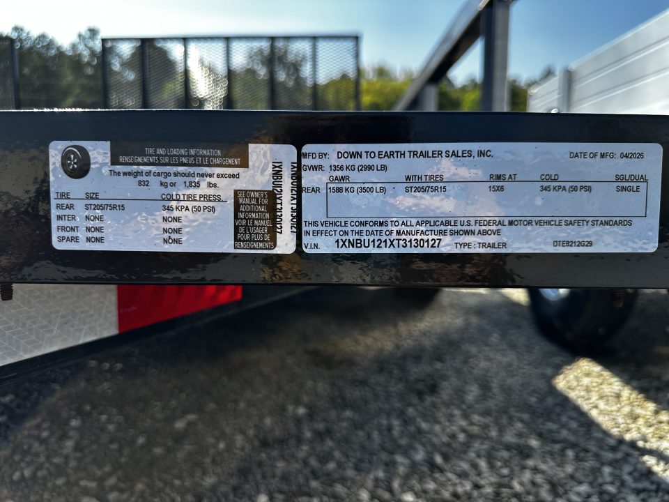 New 2026 Down 2 Earth Trailers DTE8212G29 Utility Trailer