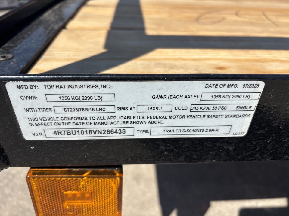 New #266438 2027 TOP HAT DJX 5 X 10 SINGLE AXLE ANGLE TOP 3.5K UTILITY W/ 48" RAMP GATE