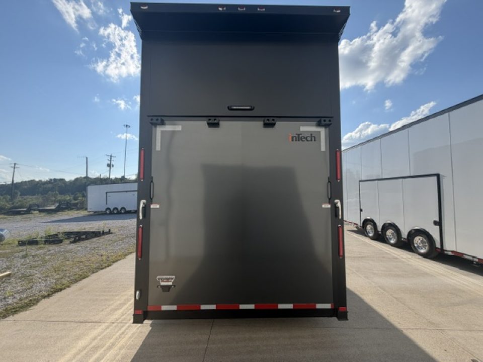 New In-Tech Lite 8.5x28 Stacker Race Trailer-18K - Charcoal W/ Black Trim , Winch, Ramp Ext, Airline Track, Black Int PKG, and Base Cabinet Dlt