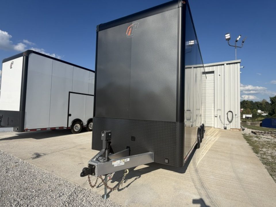 New In-Tech Lite 8.5x28 Stacker Race Trailer-18K - Charcoal W/ Black Trim , Winch, Ramp Ext, Airline Track, Black Int PKG, and Base Cabinet Dlt