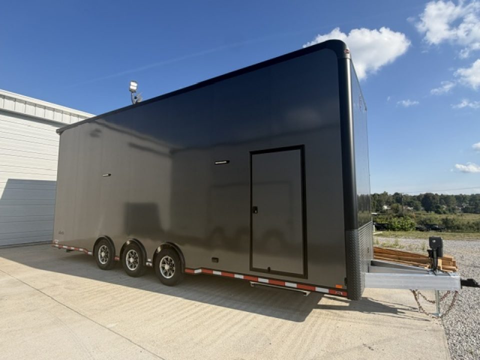 New In-Tech Lite 8.5x28 Stacker Race Trailer-18K - Charcoal W/ Black Trim , Winch, Ramp Ext, Airline Track, Black Int PKG, and Base Cabinet Dlt