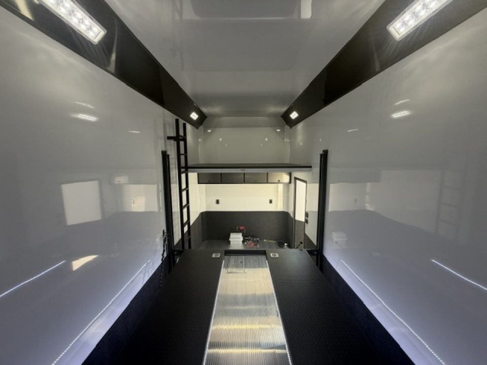 New In-Tech Lite 8.5x28 Stacker Race Trailer-18K - Charcoal W/ Black Trim , Winch, Ramp Ext, Airline Track, Black Int PKG, and Base Cabinet Dlt