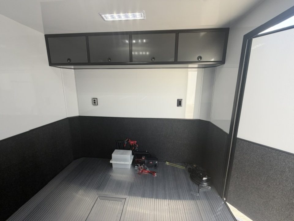 New In-Tech Lite 8.5x28 Stacker Race Trailer-18K - Charcoal W/ Black Trim , Winch, Ramp Ext, Airline Track, Black Int PKG, and Base Cabinet Dlt