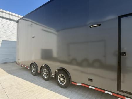 New In-Tech Lite 8.5x28 Stacker Race Trailer-18K - Charcoal W/ Black Trim , Winch, Ramp Ext, Airline Track, Black Int PKG, and Base Cabinet Dlt