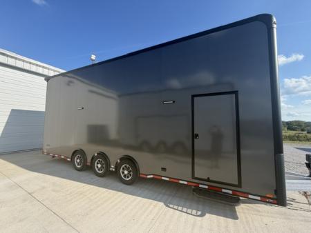 New In-Tech Lite 8.5x28 Stacker Race Trailer-18K - Charcoal W/ Black Trim , Winch, Ramp Ext, Airline Track, Black Int PKG, and Base Cabinet Dlt