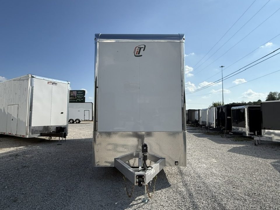 New In-Tech Lite 8.5x32 Stacker Race Trailer-21K - White W/ L Base Cabinet, Air-Line Track, Tool Drawers, & Fold Up Table