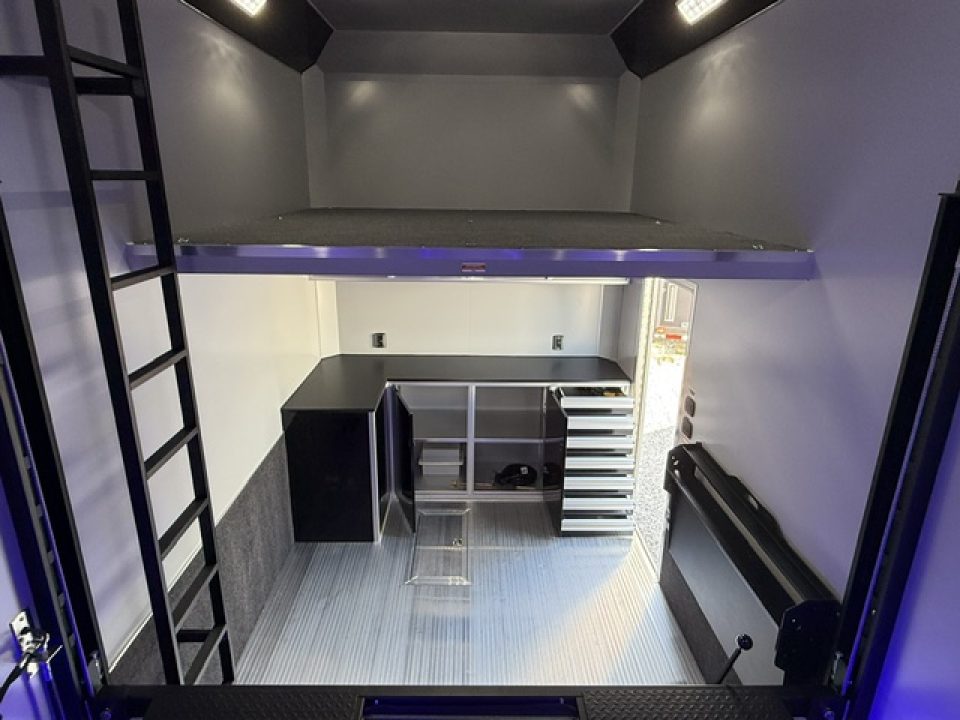 New In-Tech Lite 8.5x32 Stacker Race Trailer-21K - White W/ L Base Cabinet, Air-Line Track, Tool Drawers, & Fold Up Table