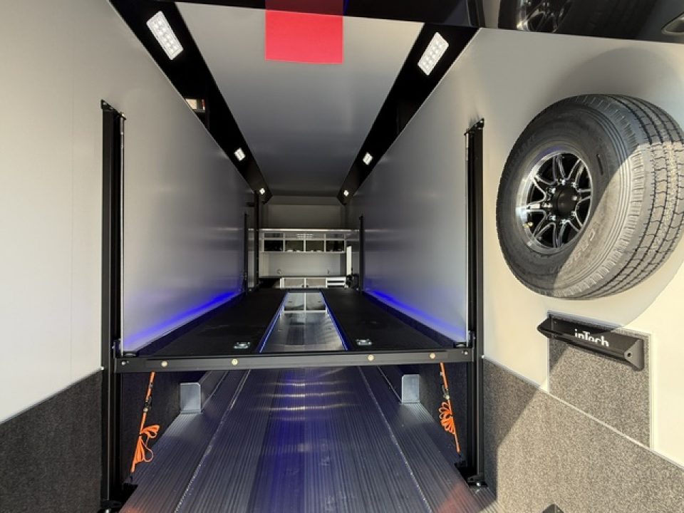 New In-Tech Lite 8.5x32 Stacker Race Trailer-21K - White W/ L Base Cabinet, Air-Line Track, Tool Drawers, & Fold Up Table