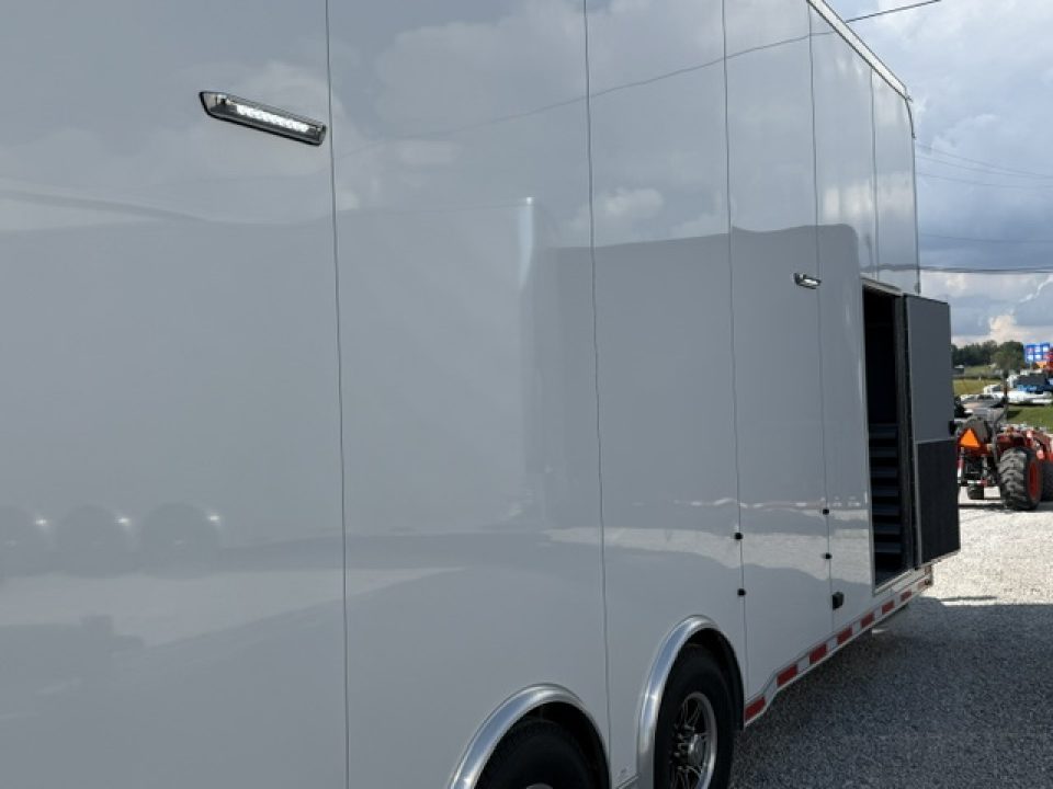 New In-Tech Lite 8.5x32 Stacker Race Trailer-21K - White W/ L Base Cabinet, Air-Line Track, Tool Drawers, & Fold Up Table