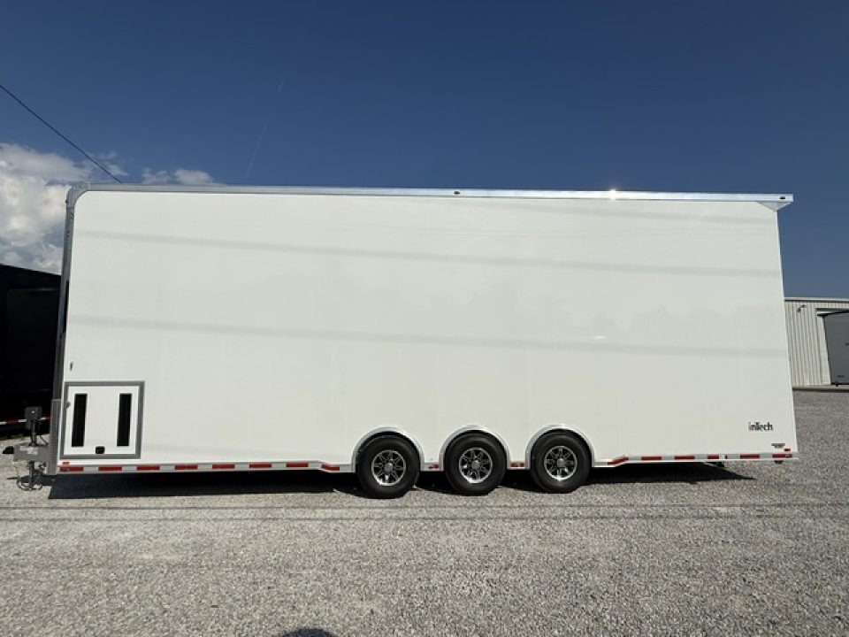 New In-Tech Lite 8.5x32 Stacker Race Trailer-21K - White W/ L Base Cabinet, Air-Line Track, Tool Drawers, & Fold Up Table