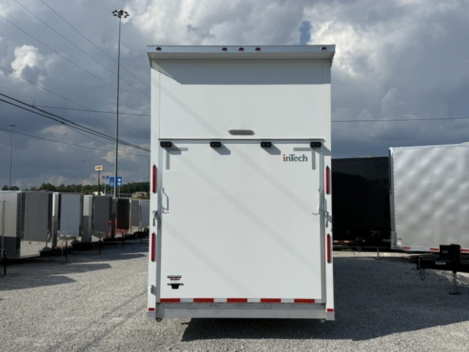 New In-Tech Lite 8.5x32 Stacker Race Trailer-21K - White W/ L Base Cabinet, Air-Line Track, Tool Drawers, & Fold Up Table