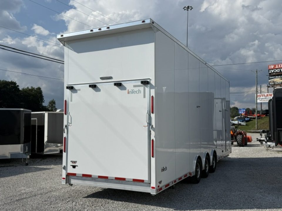 New In-Tech Lite 8.5x32 Stacker Race Trailer-21K - White W/ L Base Cabinet, Air-Line Track, Tool Drawers, & Fold Up Table