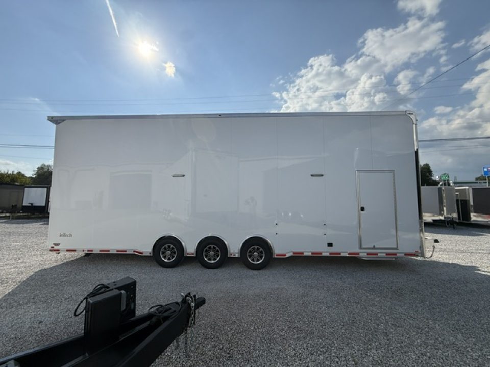 New In-Tech Lite 8.5x32 Stacker Race Trailer-21K - White W/ L Base Cabinet, Air-Line Track, Tool Drawers, & Fold Up Table