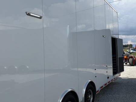 New In-Tech Lite 8.5x32 Stacker Race Trailer-21K - White W/ L Base Cabinet, Air-Line Track, Tool Drawers, & Fold Up Table
