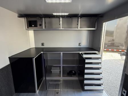 New In-Tech Lite 8.5x32 Stacker Race Trailer-21K - White W/ L Base Cabinet, Air-Line Track, Tool Drawers, & Fold Up Table