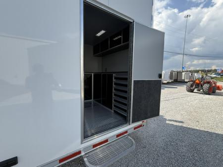 New In-Tech Lite 8.5x32 Stacker Race Trailer-21K - White W/ L Base Cabinet, Air-Line Track, Tool Drawers, & Fold Up Table