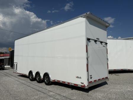 New In-Tech Lite 8.5x32 Stacker Race Trailer-21K - White W/ L Base Cabinet, Air-Line Track, Tool Drawers, & Fold Up Table