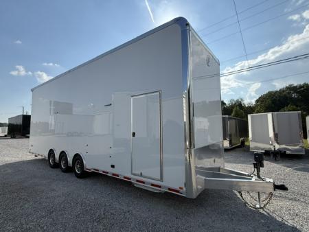 New In-Tech Lite 8.5x32 Stacker Race Trailer-21K - White W/ L Base Cabinet, Air-Line Track, Tool Drawers, & Fold Up Table