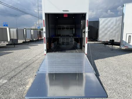 New In-Tech Lite 8.5x32 Stacker Race Trailer-21K - White W/ L Base Cabinet, Air-Line Track, Tool Drawers, & Fold Up Table
