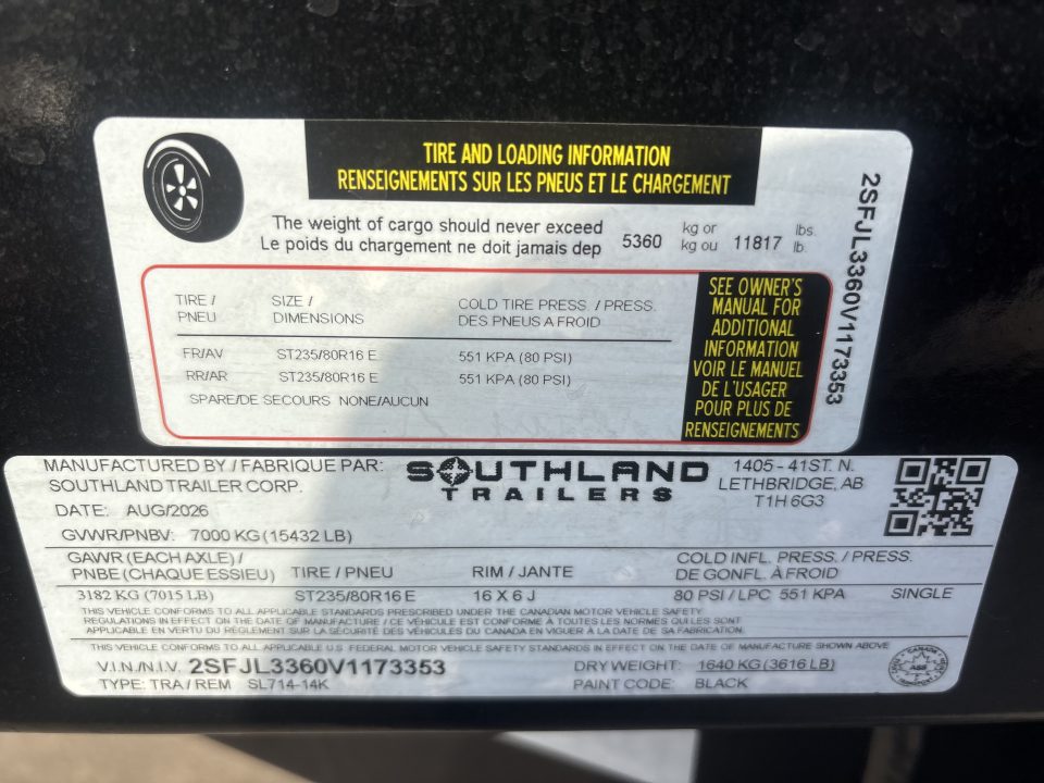 New #173353 2027 SOUTHLAND SL714 14 X 83 TANDEM AXLE 14K BUMPER PULL DUMP W/ SPARE TIRE