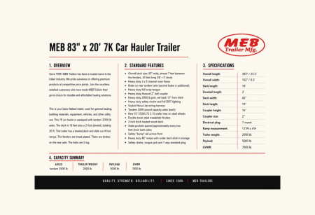 New 2027 MEB 7x20 Open Wood Deck Auto Hauler Car / Racing Trailer