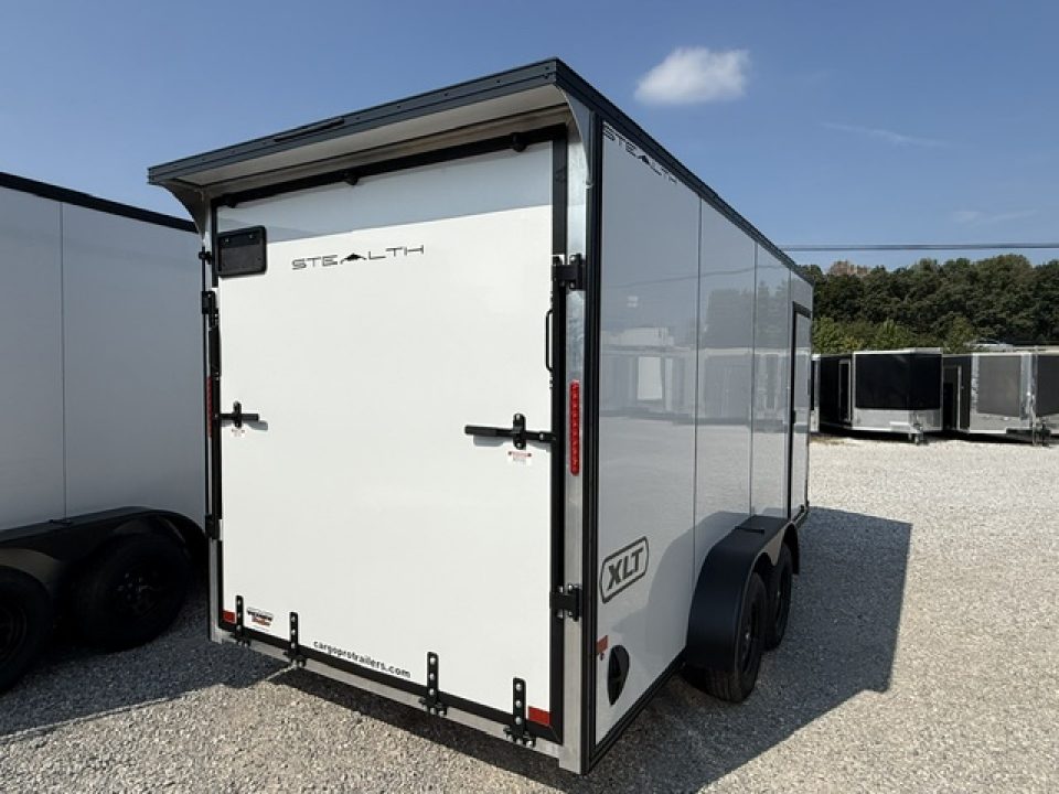New Stealth Aluminum Enclosed 7x16 XLT Pro Series 7K- Crystal White W/ Black Trim & Wing