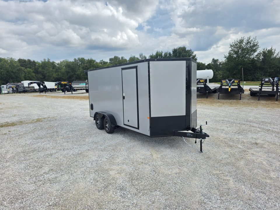 New 2027 Rock Solid Cargo W/ RAMP DOOR/ .08 SEMI SCREWLESS/ BLACKOUT PKG/ 7X16 7' Tall / REAR SPOILER/