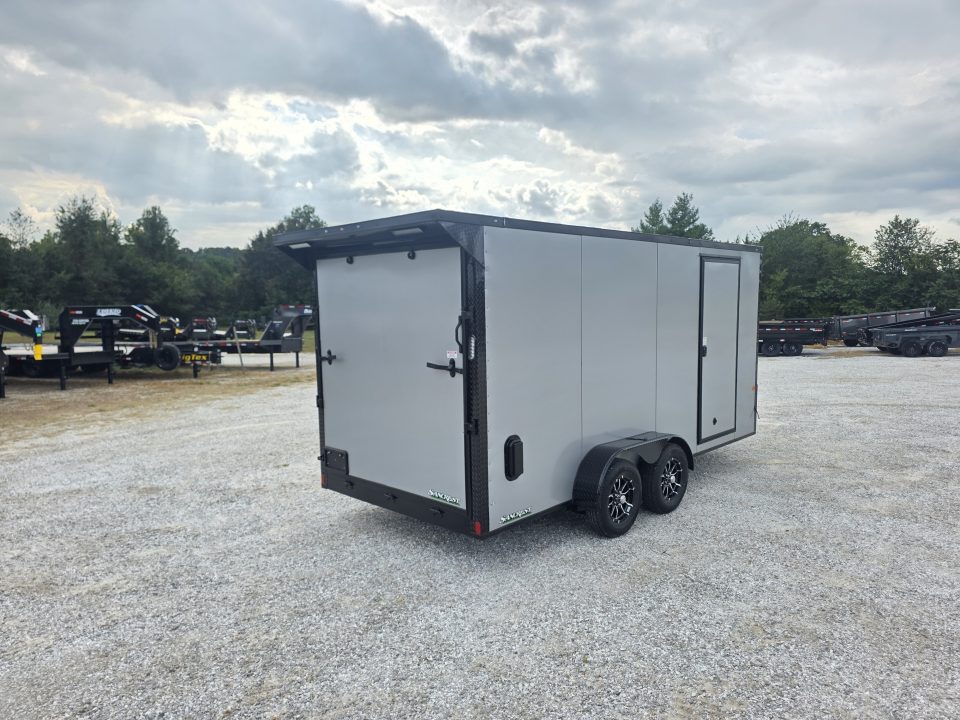 New 2027 Rock Solid Cargo W/ RAMP DOOR/ .08 SEMI SCREWLESS/ BLACKOUT PKG/ 7X16 7' Tall / REAR SPOILER/