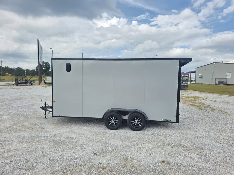 New 2027 Rock Solid Cargo W/ RAMP DOOR/ .08 SEMI SCREWLESS/ BLACKOUT PKG/ 7X16 7' Tall / REAR SPOILER/