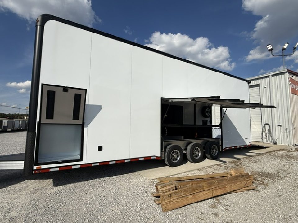 New In-Tech Lite 8.5x32 Stacker Race Trailer-21K - White W/ Black Trim- RS Cabinet , Air-Line Track, Tool Drawers, Winch, WW Cabinet, & Fold Up Table