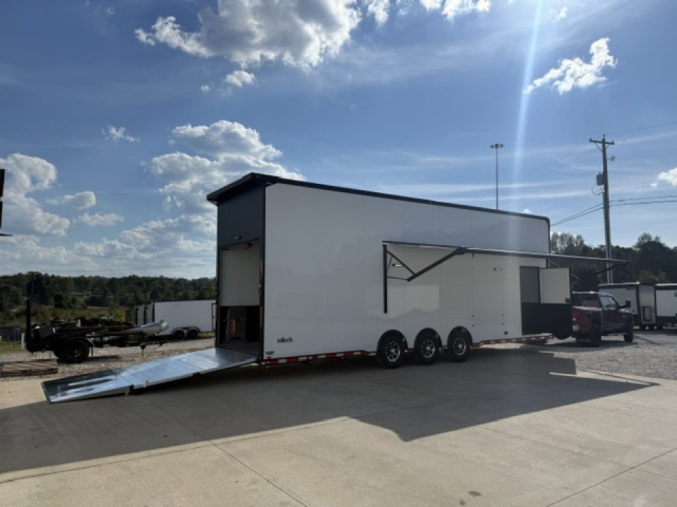 New In-Tech Lite 8.5x32 Stacker Race Trailer-21K - White W/ Black Trim- RS Cabinet , Air-Line Track, Tool Drawers, Winch, WW Cabinet, & Fold Up Table