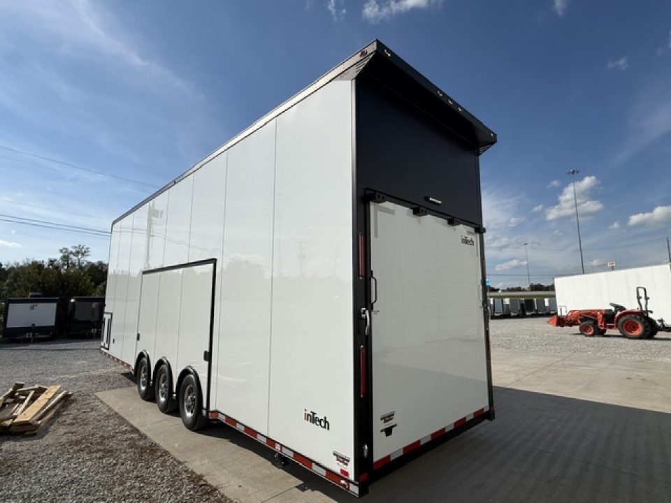 New In-Tech Lite 8.5x32 Stacker Race Trailer-21K - White W/ Black Trim- RS Cabinet , Air-Line Track, Tool Drawers, Winch, WW Cabinet, & Fold Up Table