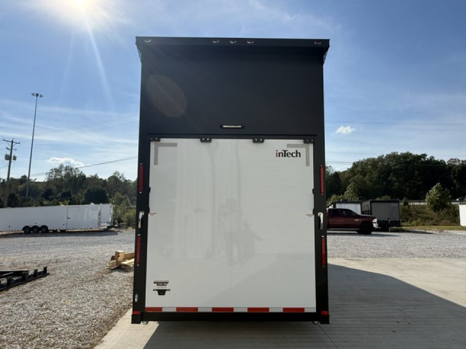 New In-Tech Lite 8.5x32 Stacker Race Trailer-21K - White W/ Black Trim- RS Cabinet , Air-Line Track, Tool Drawers, Winch, WW Cabinet, & Fold Up Table