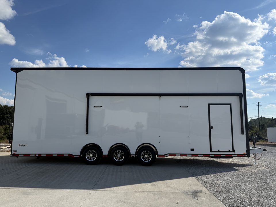 New In-Tech Lite 8.5x32 Stacker Race Trailer-21K - White W/ Black Trim- RS Cabinet , Air-Line Track, Tool Drawers, Winch, WW Cabinet, & Fold Up Table