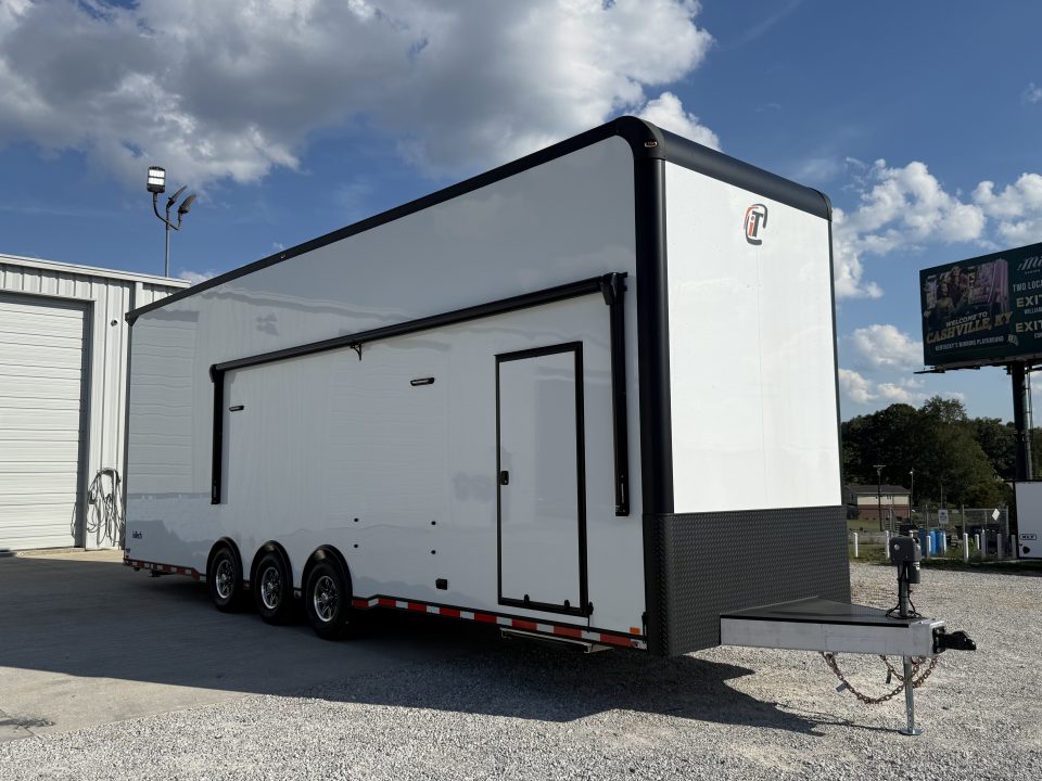 New In-Tech Lite 8.5x32 Stacker Race Trailer-21K - White W/ Black Trim- RS Cabinet , Air-Line Track, Tool Drawers, Winch, WW Cabinet, & Fold Up Table