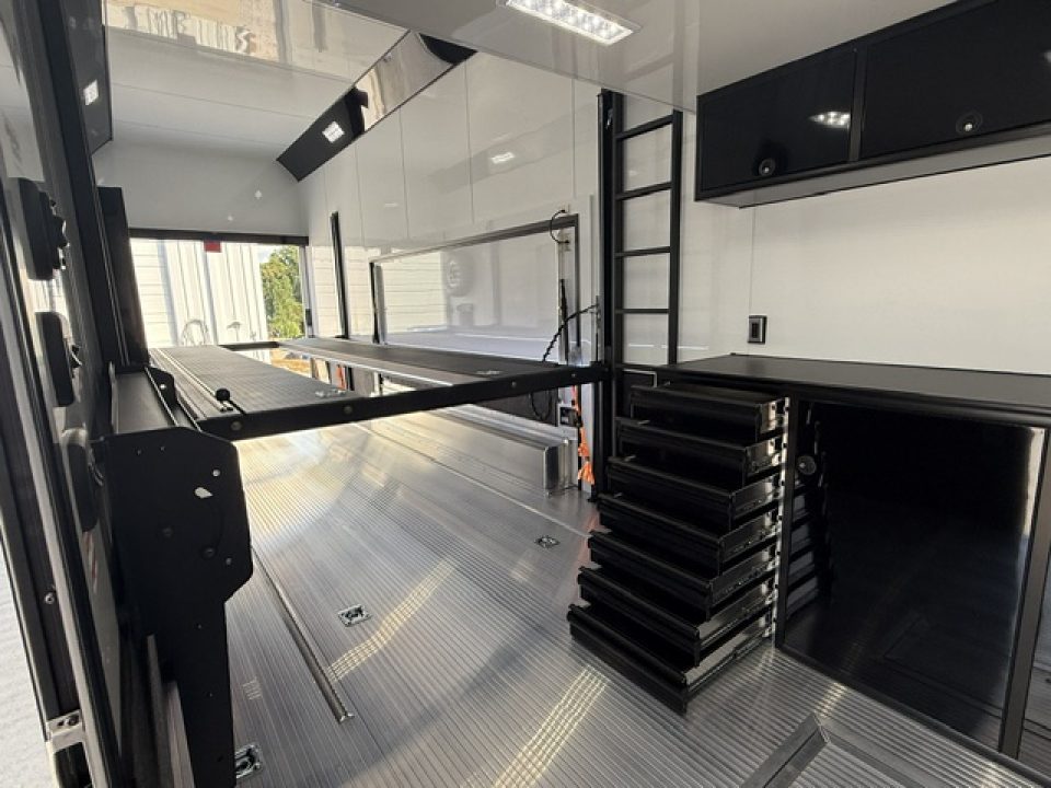 New In-Tech Lite 8.5x32 Stacker Race Trailer-21K - White W/ Black Trim- RS Cabinet , Air-Line Track, Tool Drawers, Winch, WW Cabinet, & Fold Up Table