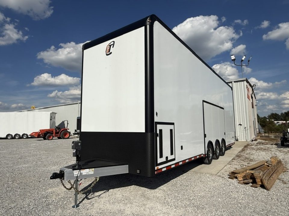 New In-Tech Lite 8.5x32 Stacker Race Trailer-21K - White W/ Black Trim- RS Cabinet , Air-Line Track, Tool Drawers, Winch, WW Cabinet, & Fold Up Table
