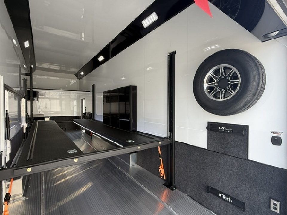 New In-Tech Lite 8.5x32 Stacker Race Trailer-21K - White W/ Black Trim- RS Cabinet , Air-Line Track, Tool Drawers, Winch, WW Cabinet, & Fold Up Table