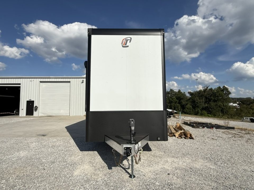 New In-Tech Lite 8.5x32 Stacker Race Trailer-21K - White W/ Black Trim- RS Cabinet , Air-Line Track, Tool Drawers, Winch, WW Cabinet, & Fold Up Table