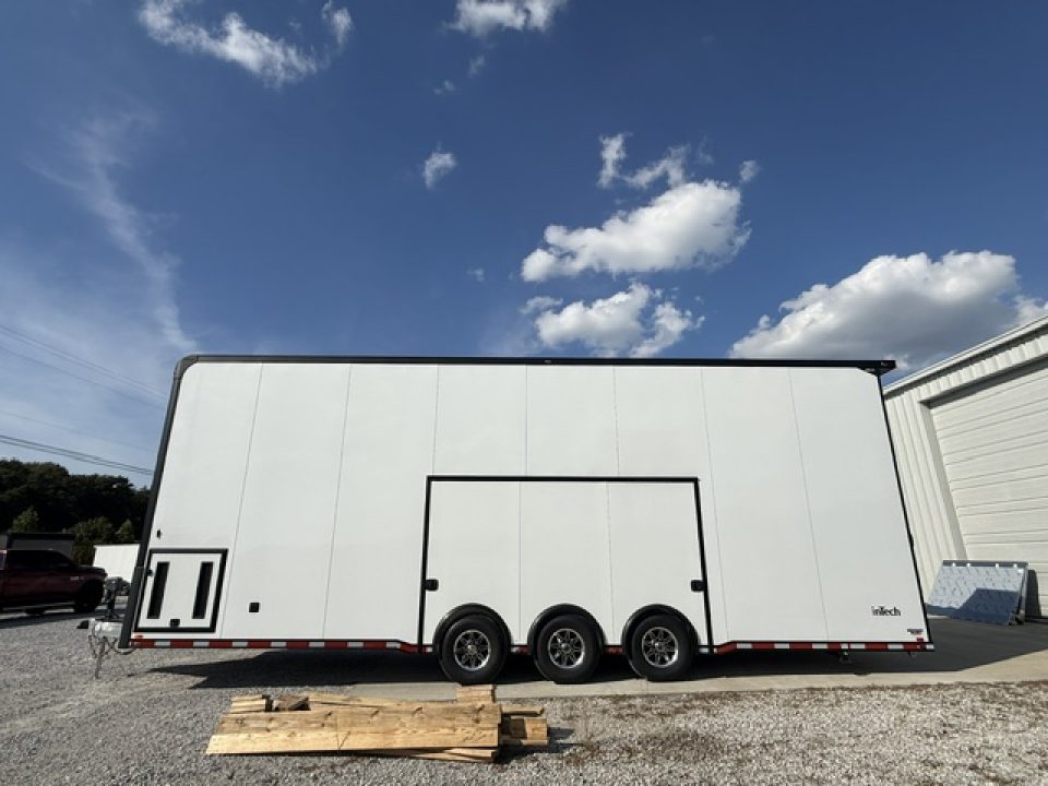 New In-Tech Lite 8.5x32 Stacker Race Trailer-21K - White W/ Black Trim- RS Cabinet , Air-Line Track, Tool Drawers, Winch, WW Cabinet, & Fold Up Table