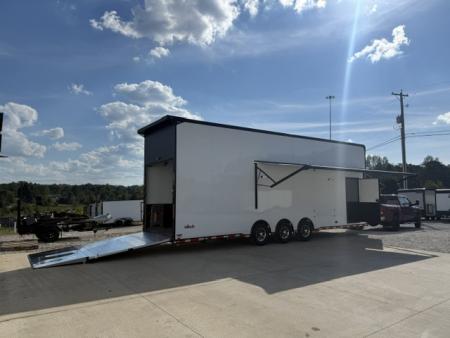 New In-Tech Lite 8.5x32 Stacker Race Trailer-21K - White W/ Black Trim- RS Cabinet , Air-Line Track, Tool Drawers, Winch, WW Cabinet, & Fold Up Table