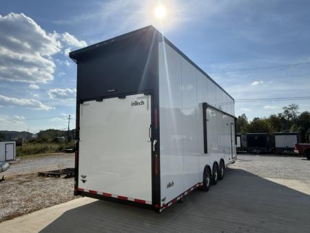 New In-Tech Lite 8.5x32 Stacker Race Trailer-21K - White W/ Black Trim- RS Cabinet , Air-Line Track, Tool Drawers, Winch, WW Cabinet, & Fold Up Table