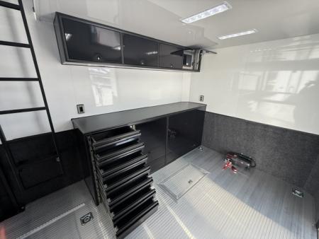 New In-Tech Lite 8.5x32 Stacker Race Trailer-21K - White W/ Black Trim- RS Cabinet , Air-Line Track, Tool Drawers, Winch, WW Cabinet, & Fold Up Table