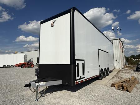 New In-Tech Lite 8.5x32 Stacker Race Trailer-21K - White W/ Black Trim- RS Cabinet , Air-Line Track, Tool Drawers, Winch, WW Cabinet, & Fold Up Table