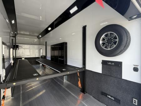 New In-Tech Lite 8.5x32 Stacker Race Trailer-21K - White W/ Black Trim- RS Cabinet , Air-Line Track, Tool Drawers, Winch, WW Cabinet, & Fold Up Table