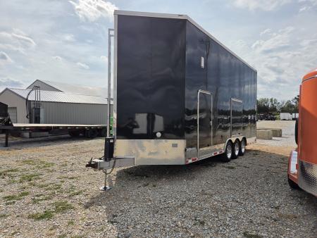 Used 2016 FOREST RIVER 8.5X31 TRIPLE AXLE ALUMINUM STACKER TRAILER W/3-8K AXLES 17.5" WHEELS POWER JACK VNOSE SIDE RAMP DOOR & DRIVER ESCAPE DOOR OVER FENDER