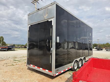 Used 2016 FOREST RIVER 8.5X31 TRIPLE AXLE ALUMINUM STACKER TRAILER W/3-8K AXLES 17.5" WHEELS POWER JACK VNOSE SIDE RAMP DOOR & DRIVER ESCAPE DOOR OVER FENDER
