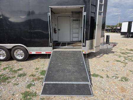 Used 2016 FOREST RIVER 8.5X31 TRIPLE AXLE ALUMINUM STACKER TRAILER W/3-8K AXLES 17.5" WHEELS POWER JACK VNOSE SIDE RAMP DOOR & DRIVER ESCAPE DOOR OVER FENDER