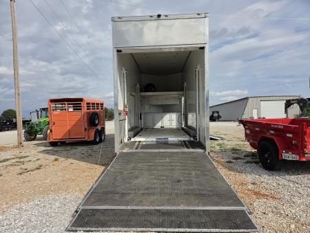Used 2016 FOREST RIVER 8.5X31 TRIPLE AXLE ALUMINUM STACKER TRAILER W/3-8K AXLES 17.5" WHEELS POWER JACK VNOSE SIDE RAMP DOOR & DRIVER ESCAPE DOOR OVER FENDER