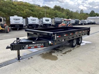 New 2025 Ironbull 8x16' Deckover Dump Trailer 16000# GVW * 8000# AXLES * 17.5" 16-PLY TIRES * HYDRAULIC JACK * TARP KIT * 10" I-BEAM FRAME * BED RUNNERS * FOLD DOWN SIDES * 5x20 SCISSOR HOIST * INTGRATED KEYWAY/10GA WALLS * IRONCLAD WARRANTY